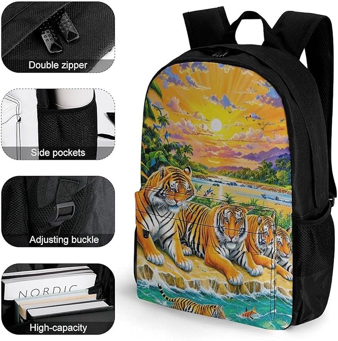 Rucksack Polyester Anti-Theft Multipurpose King Of The Tiger Tropical Rainforest Landscape Jungle Parrot Birds Carry On Bag Large Capacity Travel and Sport Backpack Rucksack With Smooth Zippers