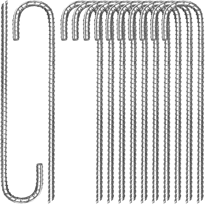Toopify 12 Pack Rebar Stakes, 12 Inch Heavy Duty J Hook Galvanized Ground Anchors, Anti Rust Metal Steel Tent Stakes Garden Fence Stakes, Silver