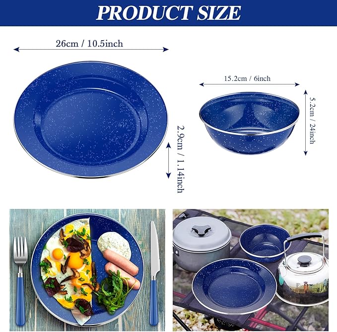 Nuogo 12 Pcs Enamel Camping Tableware Set Dinnerware Kit Includes 12 oz Coffee Mugs Camping Plates Bowls and Utensils Set with Knife Fork Spoon for 2 People Hiking Picnic Outdoor