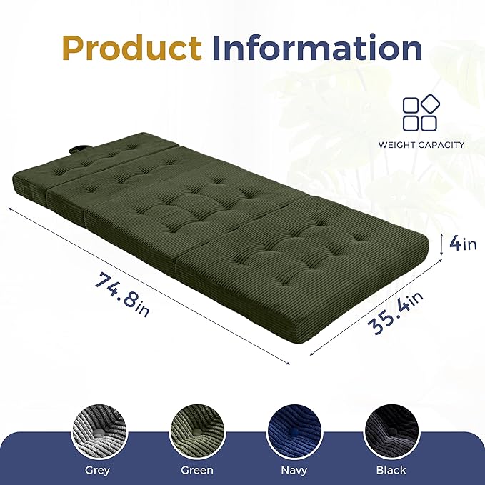 MAXYOYO Folding Mattress, 4 Inch Tufted Foldable Mattress Full Foam Bed, Tri-Fold Floor Couch with Handles Guest Bed Topper Portable Camping Mat with Corded Fabric, Twin Size, Dark Green