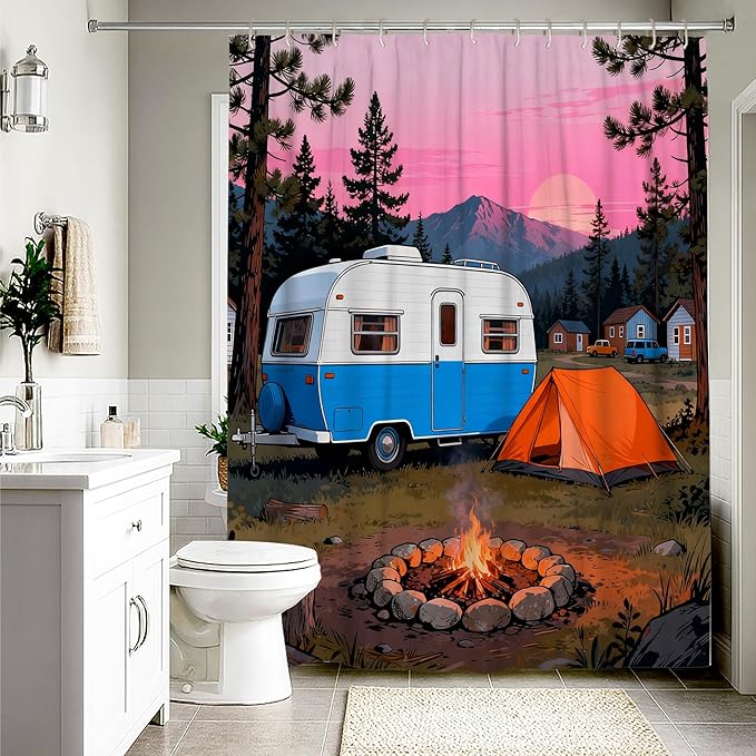 Camping Shower Curtain, Outdoor Adventure Tent Campfire Summer Blue Waterproof Fabric Bathtub Cloth Curtains for Home Bathroom Toile Hotel Decor 54x78 Inch