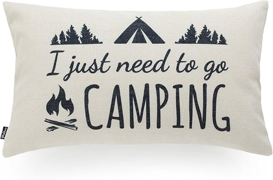 Hofdeco Decorative Lumbar Pillow Cover Heavy Weight Cotton Linen Spirit Quotes I Just Need to Go Camping Word 12"x20"