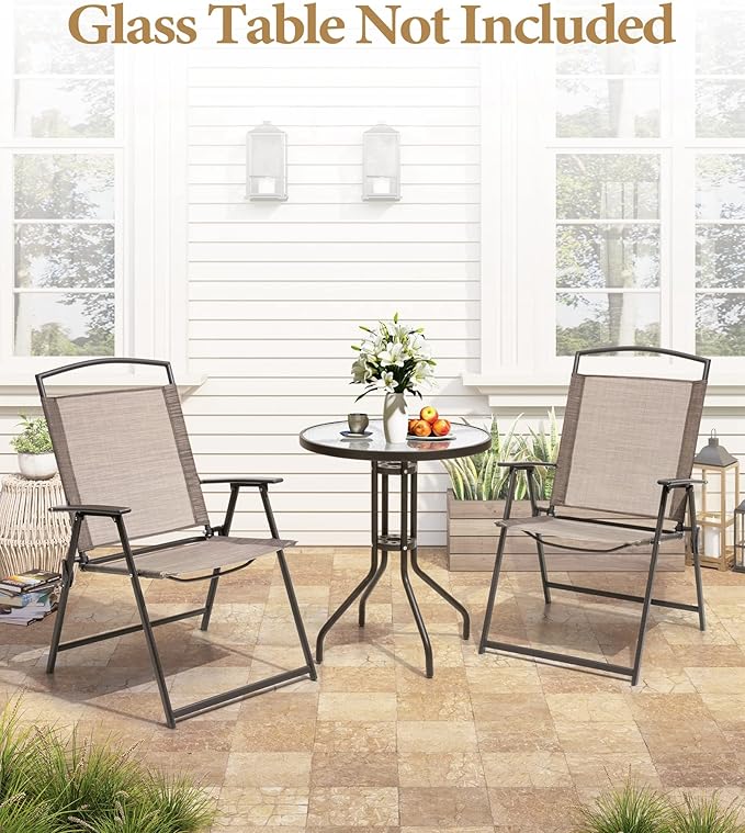 Crestlive Products Patio Folding Chairs Set of 2, Outdoor Folding Chairs with Durable Rust-Resistant Frame and Breathable Textilene Material for Outside, Beige