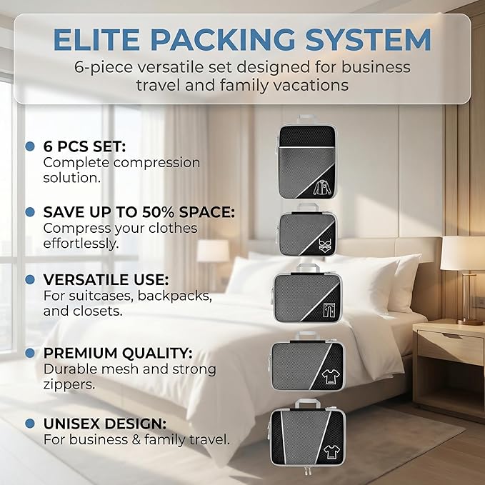 6Pcs Compression Packing Cubes Set, Waterproof Travel Luggage Organizer with Drawstring Bag, Lightweight Nylon Suitcase Storage Bags for Travel Camping Business Trip