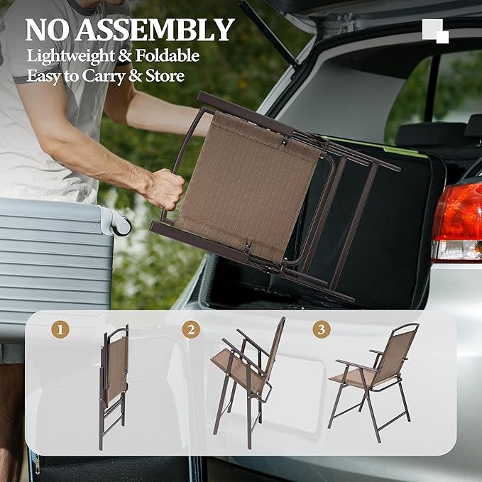 Crestlive Products Set of 2 Patio Dining Chairs, Outdoor Folding Chairs Portable Sling Recliner with Armrest for Camping, Garden, Backyard, Deck Brown