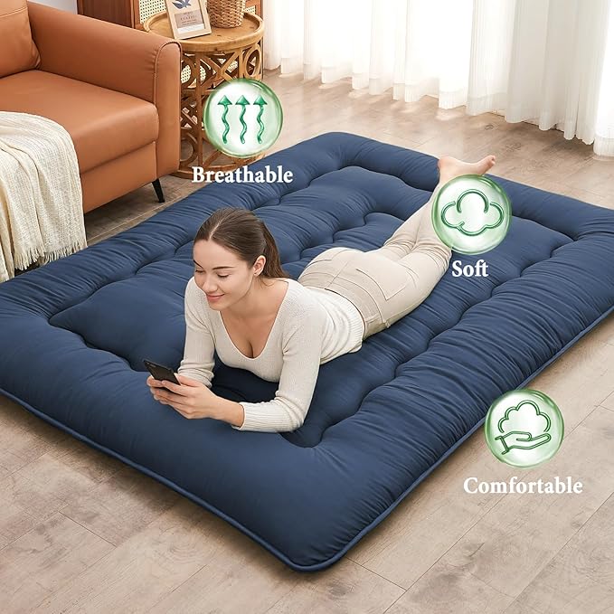 DAICO Japanese Floor Mattress, 4'' Thicken Futon Mattress Tatami Mat, Sleeping Pad Foldable Roll Up Mat for Camping and Guest Room, Twin Size 39''*80'', Navy