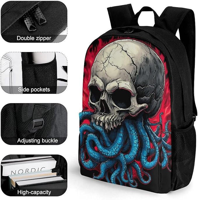 Polyester Daypack Backpack for Climbing Outdoors Running, Big Capacity Multipurpose Anti-Theft Bookbag, Abstract Skull Octopus Tentacles Travel Hiking Camping Rucksack
