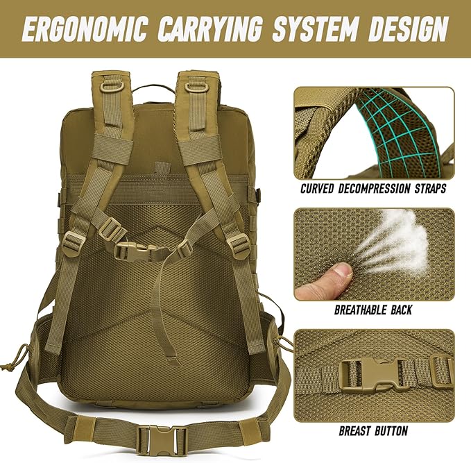 Tactical Backpack for Men, Water Resistant 46L Military Backpack, Large Army 3 Day Assault Pack for Hiking, Camping, Gym with Molle System, Khaki