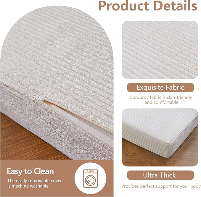 BYBYME Tri-Folding Corduroy Mattress, 6 Inches Gel Folding Mattress Topper, Foldable Soft Guest Bed Camping Pad, Washable Cover (Beige, Twin)