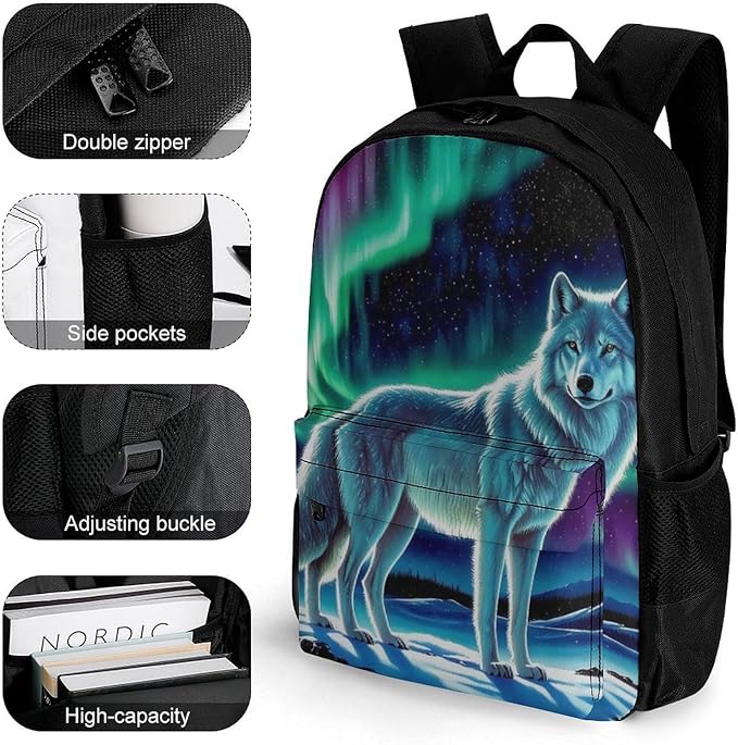 Daypack Polyester Anti-Theft Multipurpose Starry Galaxy Cool Wolf Art Bookbag Big Capacity Gym Outdoor Hiking Backpack With Adjustable Shoulder Straps