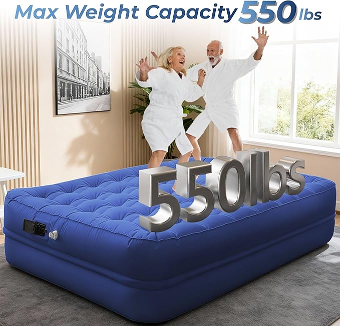 Air Mattress Queen with Built-in Pump - 3 Min Fast Inflation/Deflation Wireless Rechargeable Pump, Portable Camping Air Bed, Cooling Pongee Fabric Blow Up Mattress, (18" Indigo)