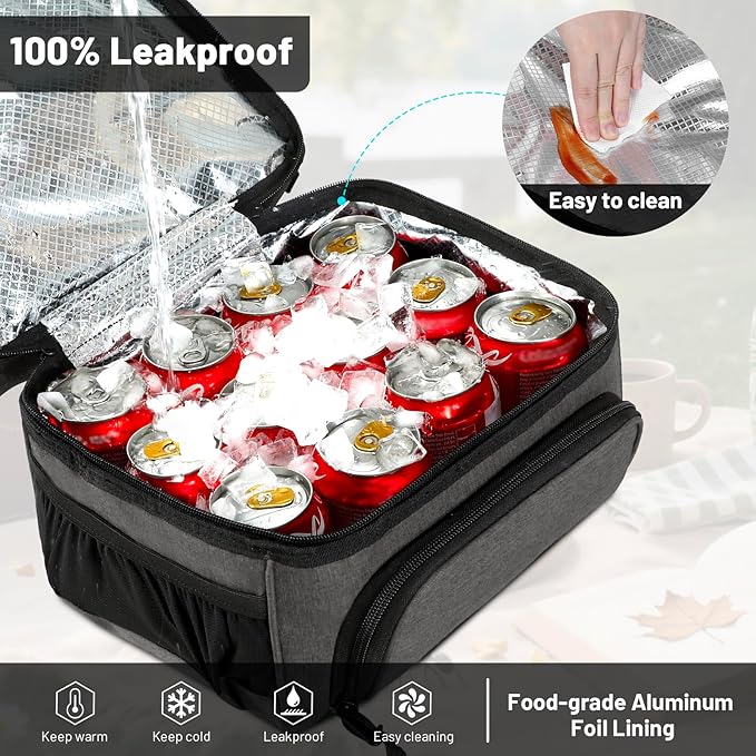 MIER Dual Compartment Lunch Bag Tote with Shoulder Strap for Men and Women Insulated Leakproof Cooler Bag, Grey