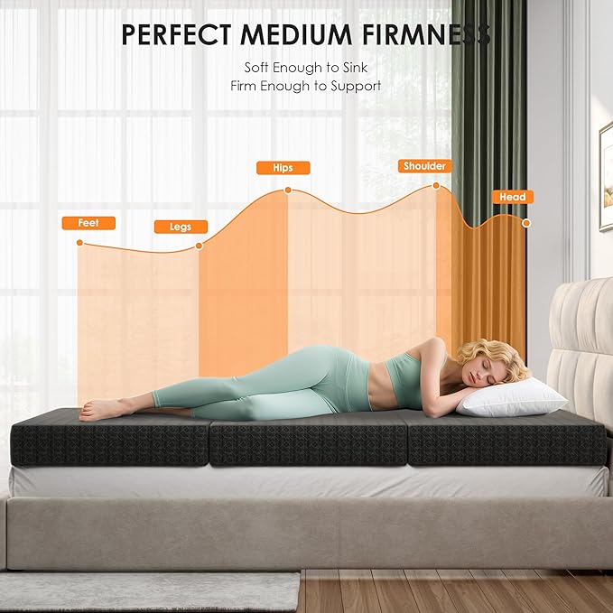 4 Inch Tri-Fold Mattress Single Size, Portable Memory Foam Guest Bed with CertiPUR-US Certified Cooling Gel & Washable Cover, Folding Mattress for Camping, Dorm, RV & Living Room, Black