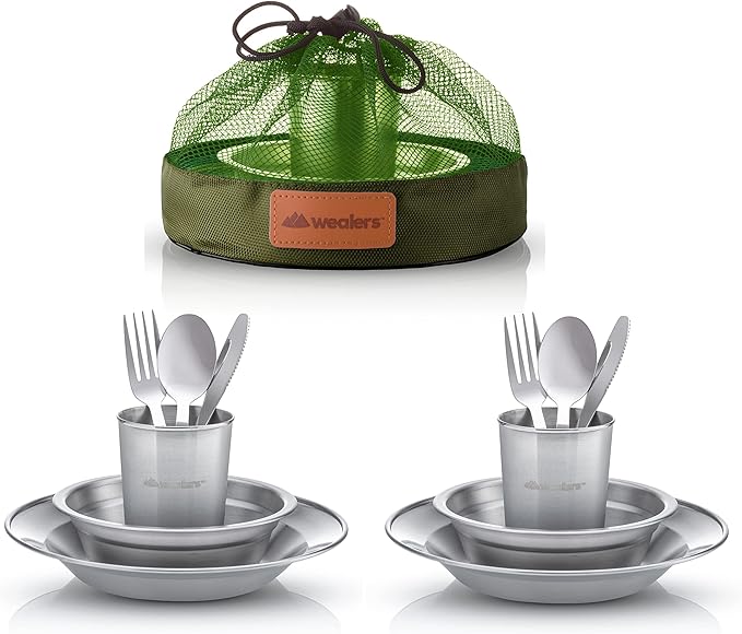 Unique Complete Messware Kit Polished Stainless Steel Dishes Set| Tableware| Dinnerware| Camping| Includes - Cups | Plates| Bowls| Cutlery| Comes in Mesh Bags