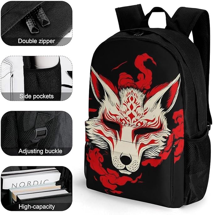 Lightweight Daypack Backpack for Sports Travel Running, Large Capacity Multipurpose Anti-Theft Bookbag, Japanese Kitsune Mask Fox Art Laptop Backpack Daypack