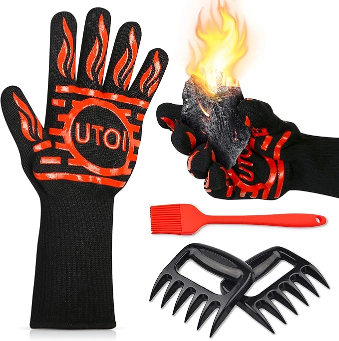 BBQ Grill Gloves Kit, 1472°F Heat Resistant BBQ Gloves, Meat Shredder Claws & Silicone Basting Brush for Grilling, Smoker, Baking, Barbecue & Outdoor Cooking
