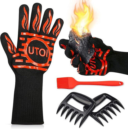 BBQ Grill Gloves Kit, 1472°F Heat Resistant BBQ Gloves, Meat Shredder Claws & Silicone Basting Brush for Grilling, Smoker, Baking, Barbecue & Outdoor Cooking