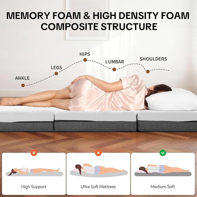 HOMBYS 6 Inch Folding Mattress Twin Size, Portable Tri-Fold Memory Foam Mattress with Removable Washable Cover for Guest Room, Camping & Travel - CertiPUR-US Certified