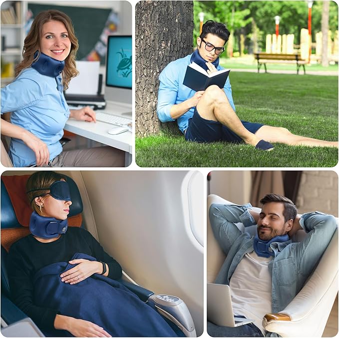 ONTYZZ Blue Inflatable Travel Pillow 360° Head Support Aircraft Neck Pillow Skin-Friendly Fabrics Relief Prevent Snoring of Cervical Spine Pressure for Camping Airplane Office Home Travel