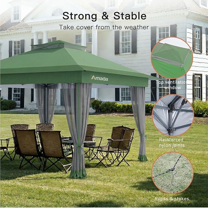 Amada 13x13 Pop Up Gazebo for Backyard & Patio Furniture,Gazebos on Clearance with Wheeled STO-N-Go Cover Bag,Carpa Pop Up Tent Party Tent and Shelter with Mosquito Netting for Lawn,Garden,Deck,Green