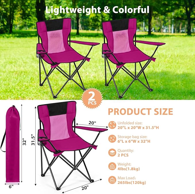 Shellwei 2 PCS Folding Camping Chair with Cupholder and Carry Bag Regular Size Colorful Breathable Portable Lightweight Lawn Chair with Side Pocket for Fishing Hiking Beach Outdoor Activity