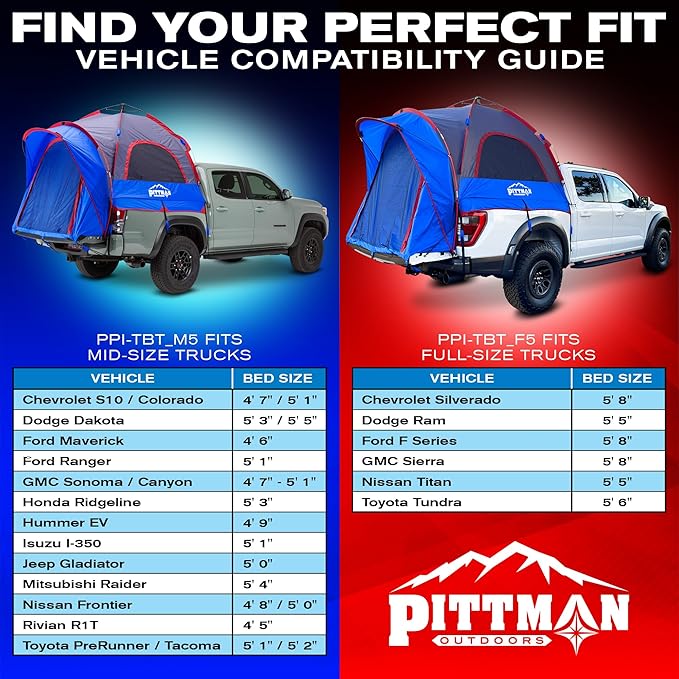 Pittman - Truck Bed Tent with EZ-UP Design - Pickup Truck Tent for Camping - Includes Rain Fly, Extra Wide Entry, Oversize Air Mesh & Porch Cover - Premium Pickup Bed Camper