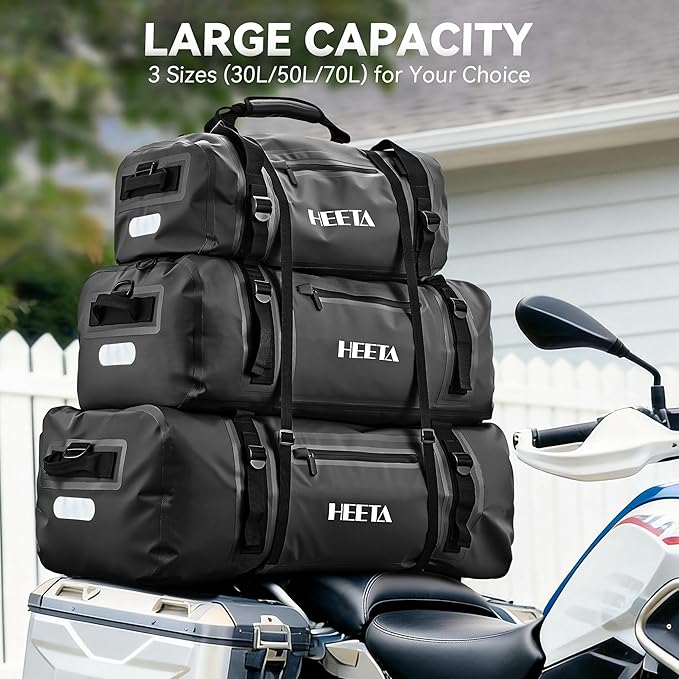 HEETA Waterproof Motorcycle Dry Bag, Waterproof Duffel Luggage Travel Bags with Zippered Closure & Pocket, Shoulder Straps, Large Space for Motorcycling Camping Commuting Boating (Black, 50L)