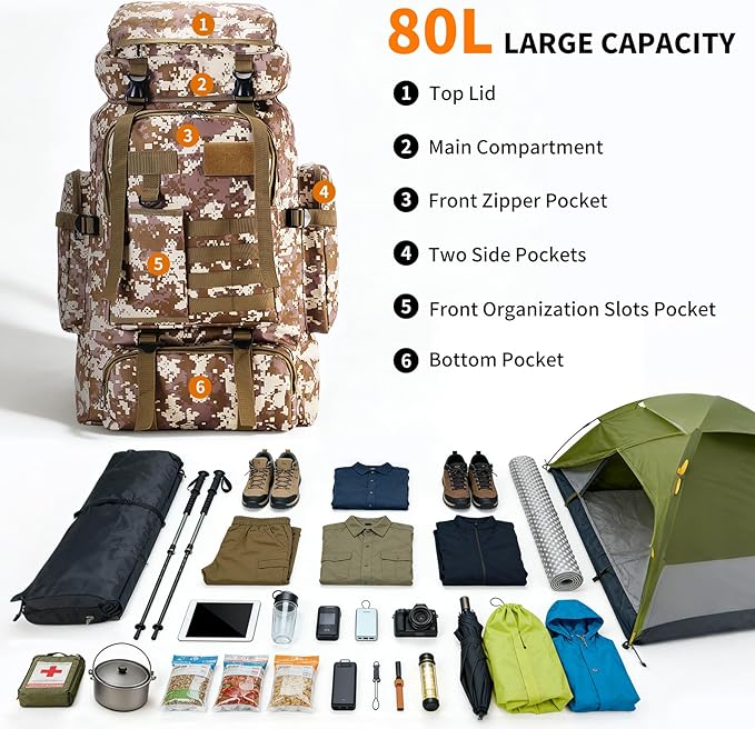 Hiking Backpack Tactical Backpack for Men Women, 80L Military Backpack Rucksack Waterproof Large Travel Camping Backpack for Men, Molle Rucksack Outdoor Travel Cycling Daypack (Desert Camo)