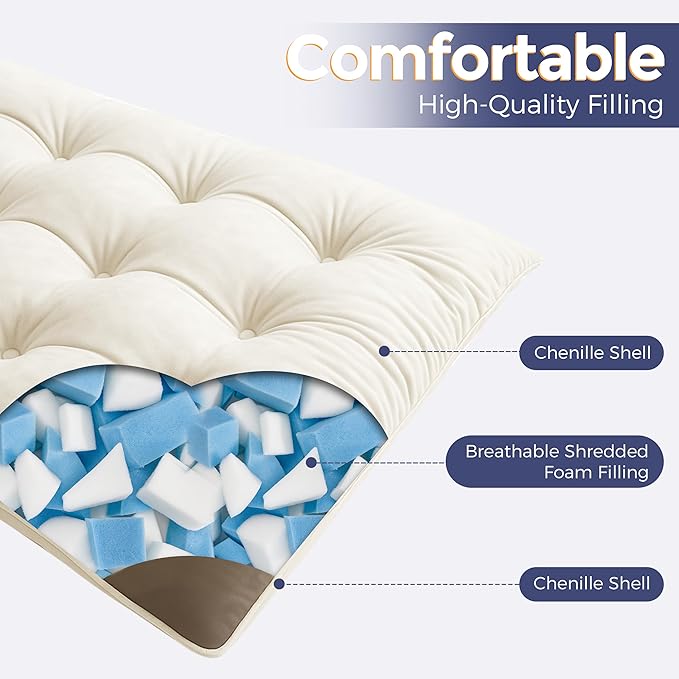 MAXYOYO Floor Mattress Full Size, 6" Chenille Japanese Futon Mattress Foldable Floor Bed for Adults Tufted Roll Up Floor Couch Bed, Tatami Mat Sleeping Pad for Living Room, Bedroom, Beige