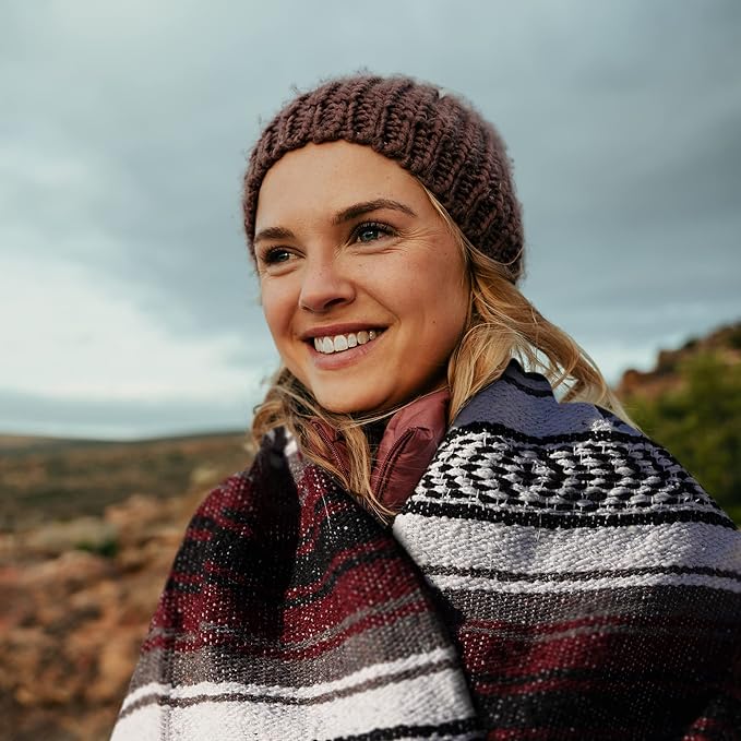 Authentic Large Handwoven Mexican Blanket - Soft Yoga- Durable Serape- Lightweight Falsa, Beach, Camping, Picnic, Outdoor Blanket 70"x50" - Cherry