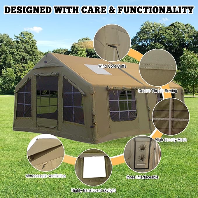 Inflatable Tent, Outdoor Easy Setup Inflatable Tents for Camping, Portable Blow Up Tent with Stove Jack, Cotton Canvas Material for Glamping, for 4 Season, 4/6/8/10 Person Use