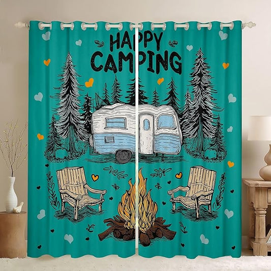 Feelyou Green Camping Camper Rv Blackout Curtains Rustic Farmhouse Camper Darkening Drapes for Bedroom Living Room Decor Happy Camping Thermal Insulated Shades Window Treatments, 2 Panels 52 x 90 Inch