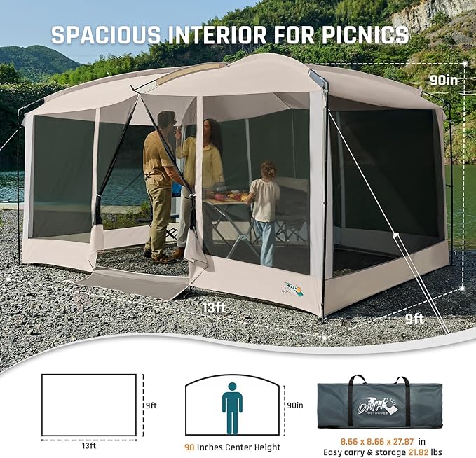 Magnetic Screen House Tent 13x9ft Screen Room Mesh Gazebos w/ 2 Magnetic Doors, Included Projection Screen, Camping Tent Screened Canopy Shelter for Outdoor Patios Backyards Activities (Beige)