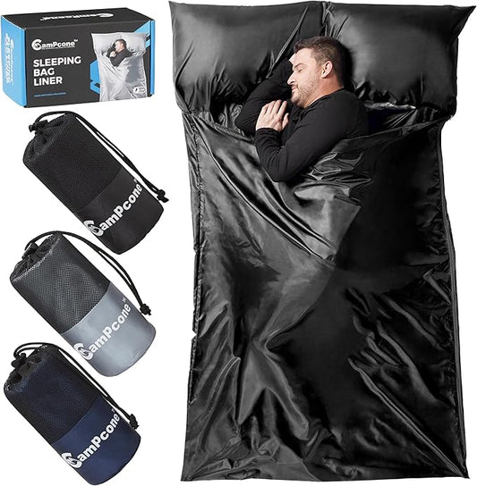 Silky Sleeping Bag Liner Cold/Warm Weather–XL Travel Sheets for Hotel 85"×52"– Lightweight Sleep Sack with Zipper & Pillow Pocket-100% Polyester Adult Sleep Sack - Hotel Sleeping Bag.