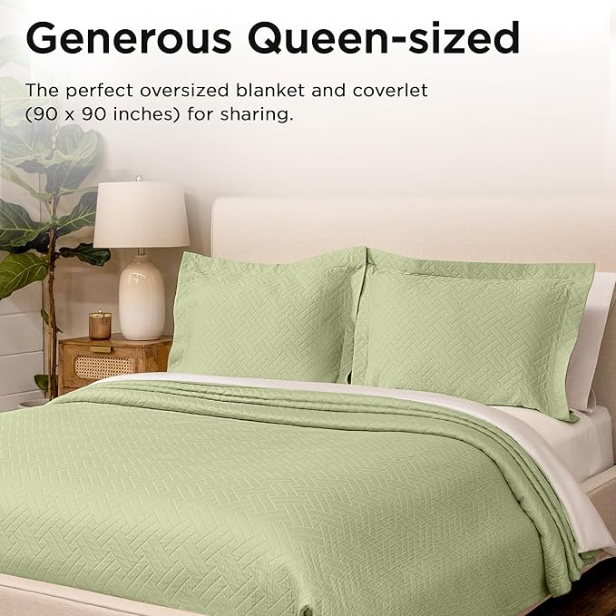 Threadmill Luxury Cotton Blankets for Queen Size Bed | All-Season 100% Cotton Queen Size Blanket | Criss Cross Cozy Lightweight, Soft Breathable Coverlet fits Full Size Bed, 90x92 | Sage Green