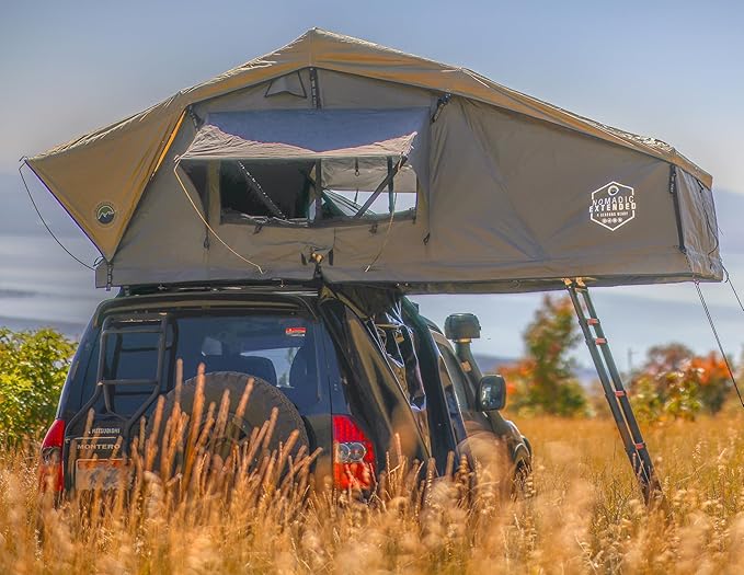 Extended Soft Shell Rooftop Tent, 2-Person - Overland Vehicle Systems HD Nomadic 2 - Grey Body & Green Rainfly