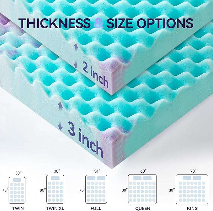 SINWEEK 3 Inch Egg Crate Memory Foam Mattress Topper Queen Size, Soft Mattress Pad for Back Pain Relief, Bed Topper, CertiPUR-US Certified, Colorful
