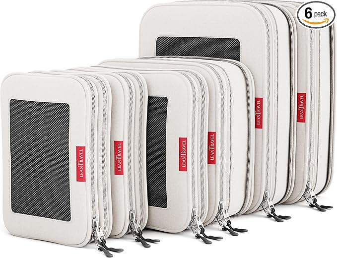 LeanTravel Premium Compression Packing Cubes for Travel - Luggage Organizers with Double Zipper - Sturdy Bags for Suitcase (6-Pack, Sand)