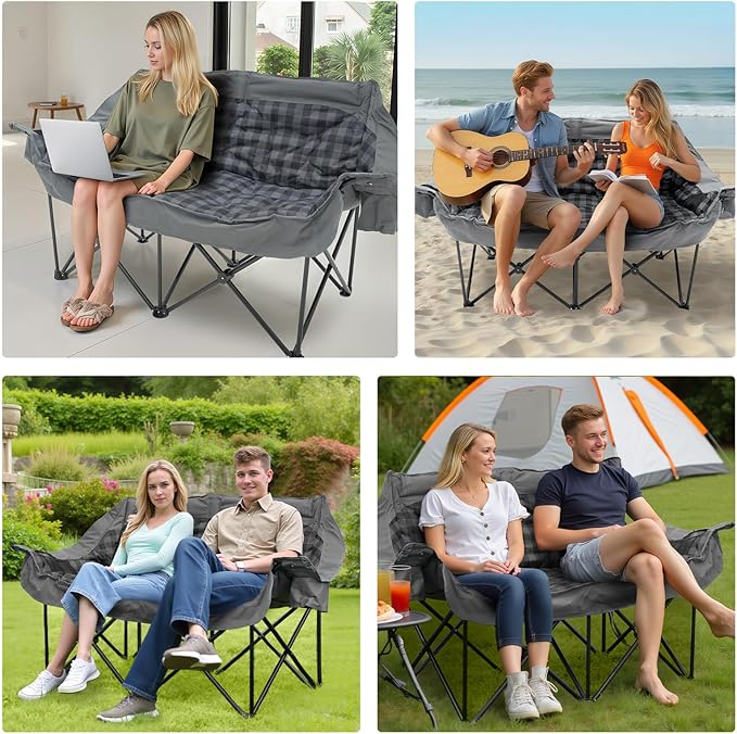 QUYUAN Double Camping Chair for Adult, Heavy Duty Folding Chair for 800lbs, Comfortable Lawn Chairs with Fully Padded, Camp Chairs for Outdoor Sports, Fishing, Concerts, Beach, Gray Camping Loveseat
