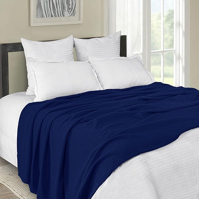 BOUTIQUO 100% Cotton Bed Blanket, Breathable Thermal Blanket Full -Queen Size,Soft Honeycomb Waffle Blanket 90*90inch,Cotton Bed Blanket,Perfect for Layering Any Bed for All Season,Navy Blue 70475