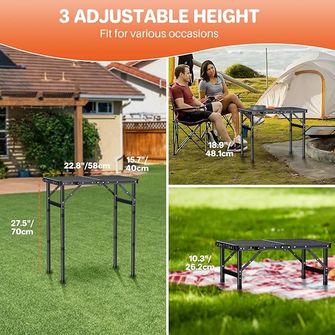 FUNYKICH Folding Grill Table for Outside, 3 Height Adjustable Portable Camping Tables, Lightweight Metal Aluminum Outdoor Table with Portable Handle for Camping, Picnic, BBQ, 23''x16'', Black
