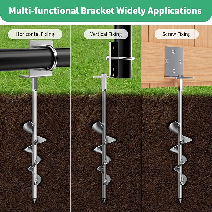 Phopich Multi-Purpose Ground Anchors Screw in, 16in 4Pack Fully Welded Heavy Duty Trampoline Stakes with Brackets, T-Wrench and Adapter for Drill, Earth Anchor kit for Mobile Home, Trampoline, Shed