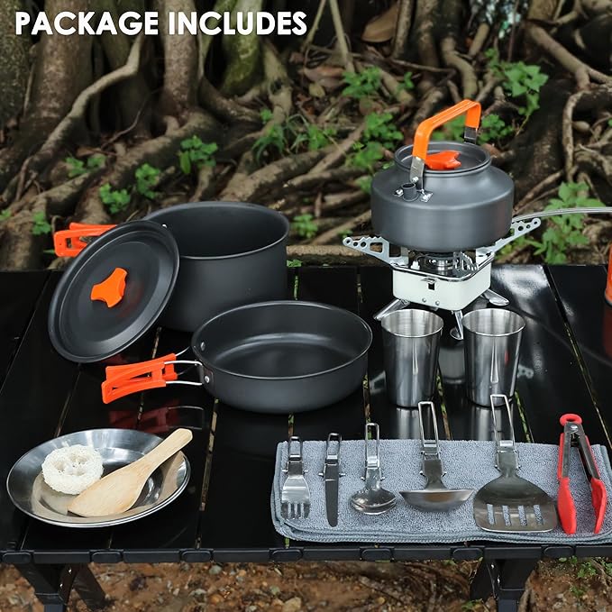 Camping Cookware Mess Kit, Non-Stick Lightweight Camping Pots and Pans with Kettle, Stainless Steel Cups Plates Forks Knives Spoons for Backpacking, Hiking, Outdoor Cooking