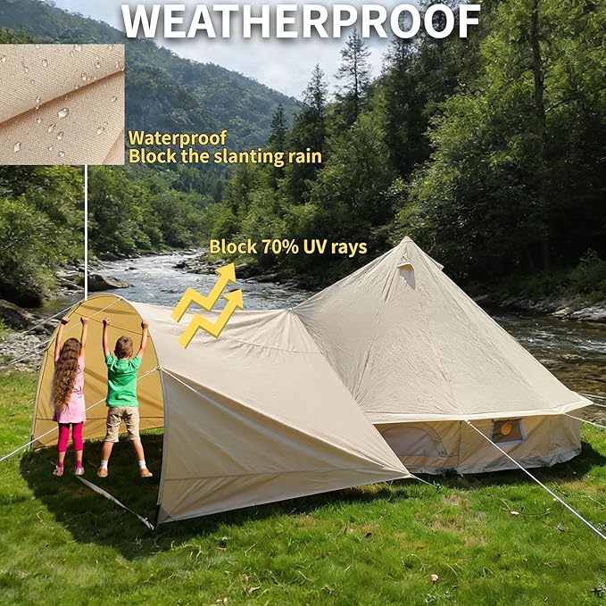DANCHEL OUTDOOR Waterproof Bell Tent Awning, 4 Season Camping Tarp – Portable Canopy Cover with Poles, Lightweight Glamping Accessories, Rectangle