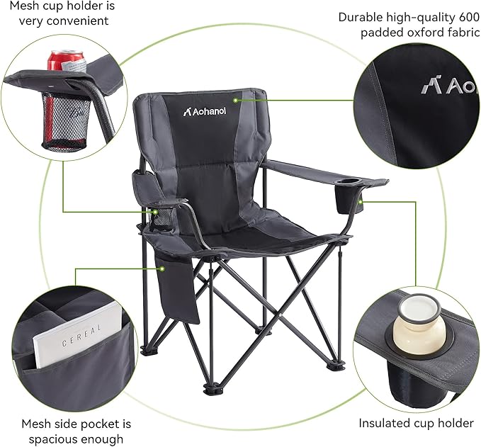 Oversized XL Camping Chairs for Adults, Padded Folding Camp Chair with High Back, Cup Holder & Side Pocket for Outside, Lawn, Beach, Fishing, Sports, Folding Heavy Duty Chairs, Black