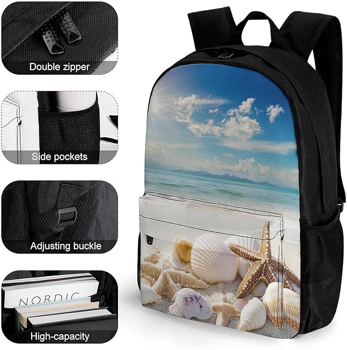 Lightweight Daypack Backpack for Sports Travel Running, Large Capacity Multipurpose Anti-Theft Bookbag, Ocean Beach Starfish Seashells Nature Starfish Shells Laptop Backpack Daypack