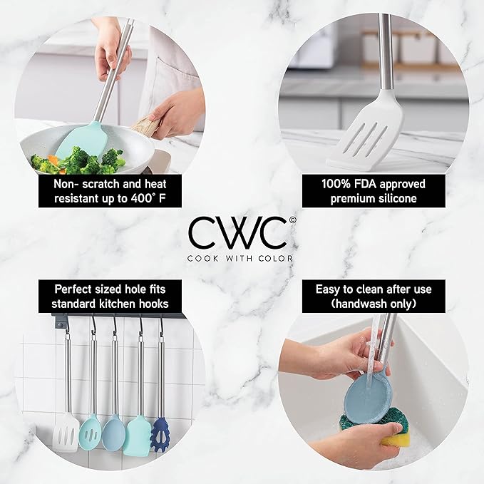 COOK WITH COLOR Silicone Cooking Utensils, Kitchen Utensil Set, Easy to Clean Silicone Kitchen Utensils, Cooking Utensils for Nonstick Cookware, Kitchen Gadgets Set, 5 Pieces, Blue Ombre