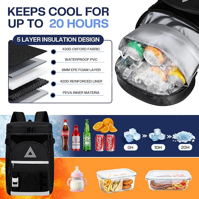 Bacgnyer Backpack Cooler Insulated Leakproof - Waterproof 22L Cooler Bag for Men & Women, Portable Soft Sided for Camping, Beach, Fishing, Lunch, Hiking with Magnetic Fold & Dry Storage Design