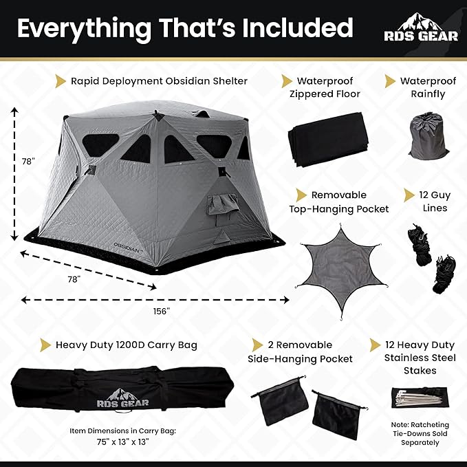Obsidian - Heavy Duty 4 Season Camping Shelter, 6-8 Person Capacity, Instant Pop-Up Tent, Insulated and A/C Ready, Removable Floor for Easy Cleaning or Ice Fishing