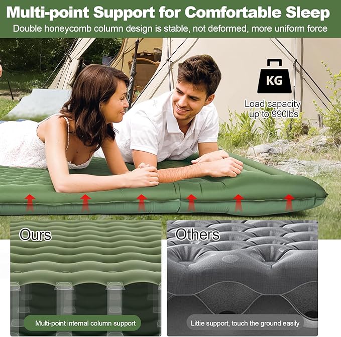 CAMULAND Double Camping Sleeping Pad, 4.7" Ultra-Thick Self Inflating 2 Person Inflatable Mat with Built-in Pillow Foot Pump, Waterproof for Backpacking, Hiking, Tent, RV Travel,Olive Green